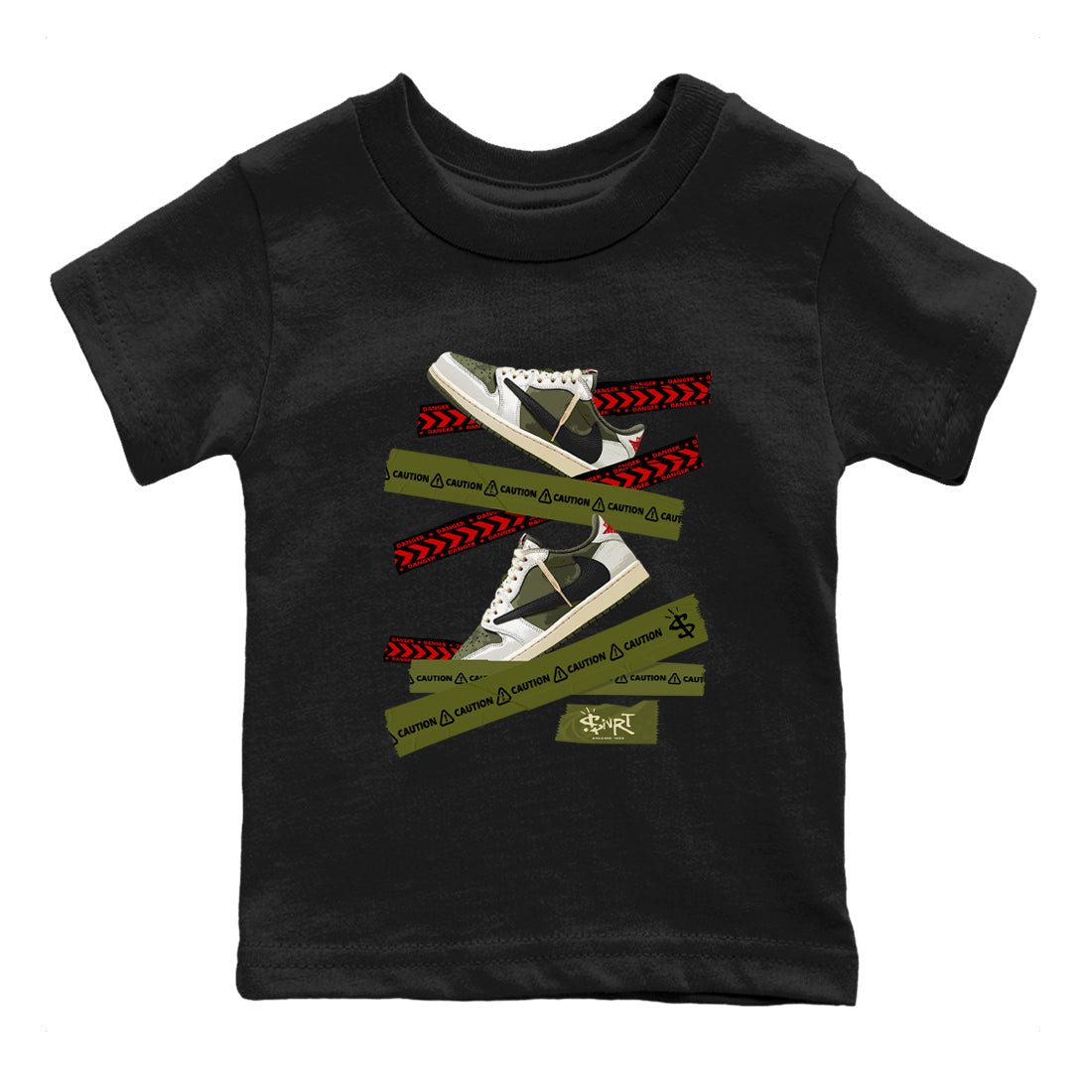Jordan 1 Olive t shirts to match sneakers Caution Tape sneaker match tees Air Jordan 1 Low x Travis Scott Reverse Olive tee SNRT Sneaker Tees Youth Baby Black 2 tee