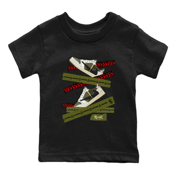 Jordan 1 Olive t shirts to match sneakers Caution Tape sneaker match tees Air Jordan 1 Low x Travis Scott Reverse Olive tee SNRT Sneaker Tees Youth Baby Black 2 tee