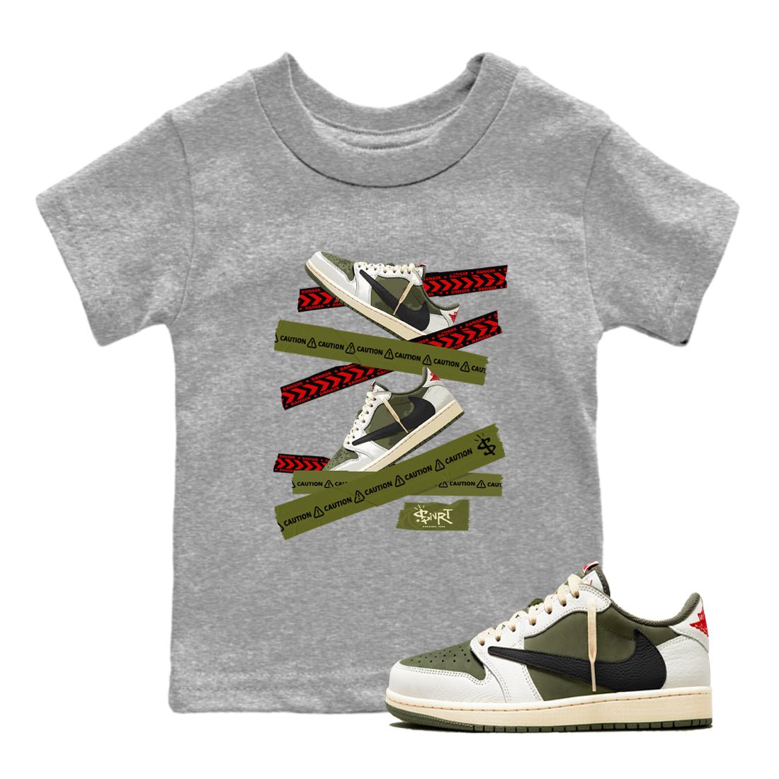 Jordan 1 Olive t shirts to match sneakers Caution Tape sneaker match tees Air Jordan 1 Low x Travis Scott Reverse Olive tee SNRT Sneaker Tees Youth Baby Heather Grey 1 tee