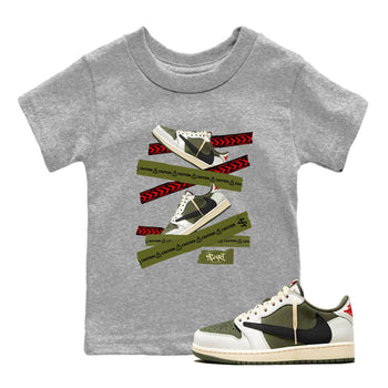 Jordan 1 Olive t shirts to match sneakers Caution Tape sneaker match tees Air Jordan 1 Low x Travis Scott Reverse Olive tee SNRT Sneaker Tees Youth Baby Heather Grey 1 tee