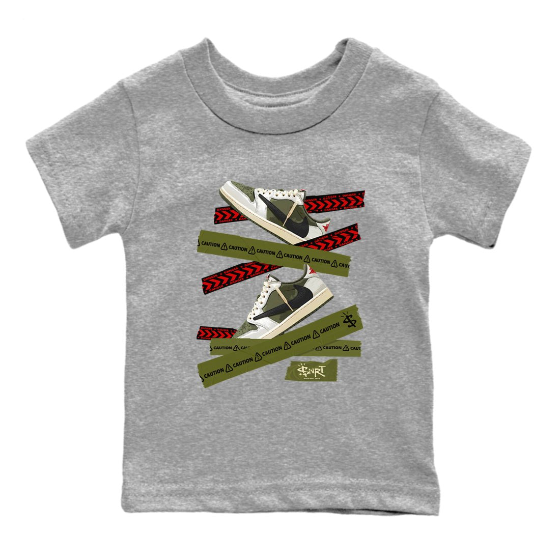 Jordan 1 Olive t shirts to match sneakers Caution Tape sneaker match tees Air Jordan 1 Low x Travis Scott Reverse Olive tee SNRT Sneaker Tees Youth Baby Heather Grey 2 tee
