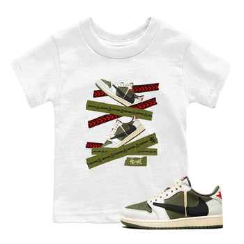 Jordan 1 Olive t shirts to match sneakers Caution Tape sneaker match tees Air Jordan 1 Low x Travis Scott Reverse Olive tee SNRT Sneaker Tees Youth Baby White 1 tee