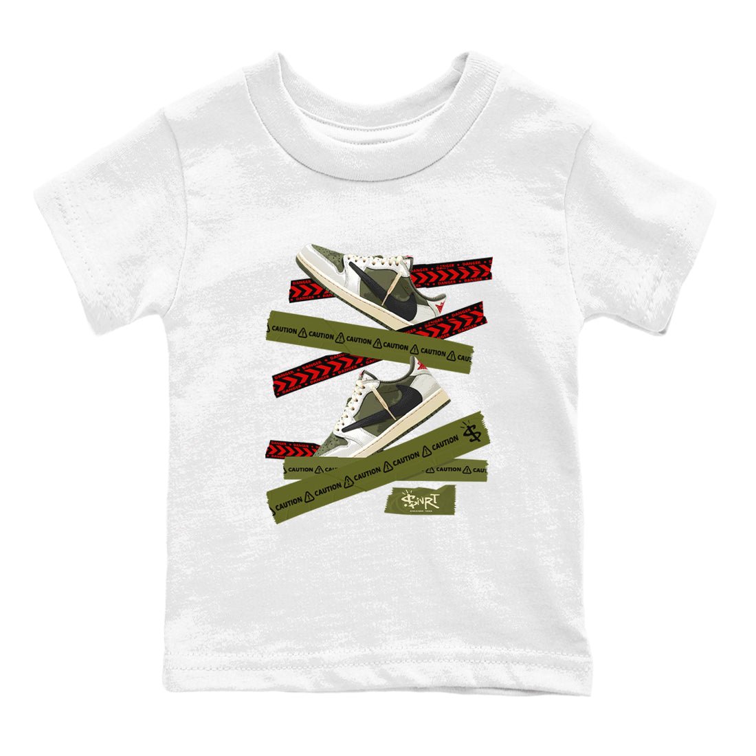 Jordan 1 Olive t shirts to match sneakers Caution Tape sneaker match tees Air Jordan 1 Low x Travis Scott Reverse Olive tee SNRT Sneaker Tees Youth Baby White 2 tee