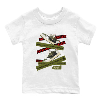 Jordan 1 Olive t shirts to match sneakers Caution Tape sneaker match tees Air Jordan 1 Low x Travis Scott Reverse Olive tee SNRT Sneaker Tees Youth Baby White 2 tee