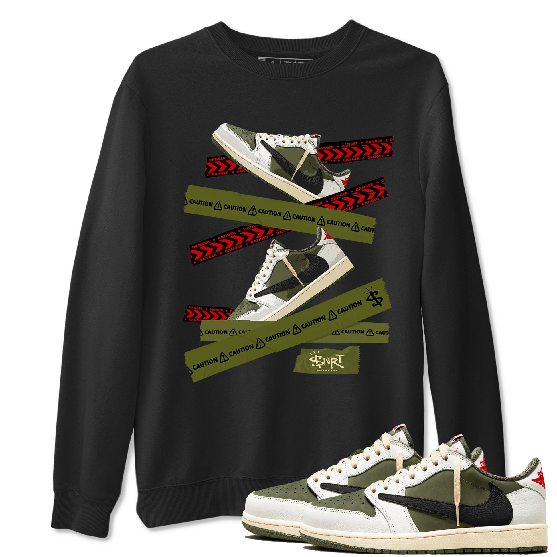 Jordan 1 Olive t shirts to match sneakers Caution Tape sneaker match tees Air Jordan 1 Low x Travis Scott Reverse Olive tee SNRT Sneaker Tees unisex cotton Black 1 shirts