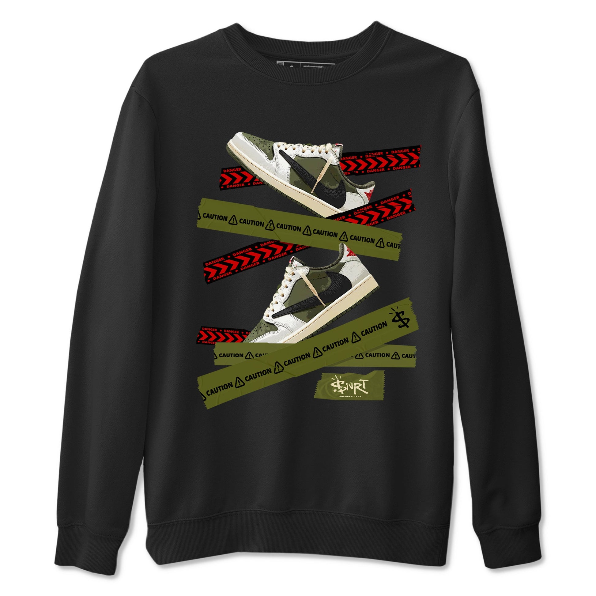 Jordan 1 Olive t shirts to match sneakers Caution Tape sneaker match tees Air Jordan 1 Low x Travis Scott Reverse Olive tee SNRT Sneaker Tees unisex cotton Black 2 shirts