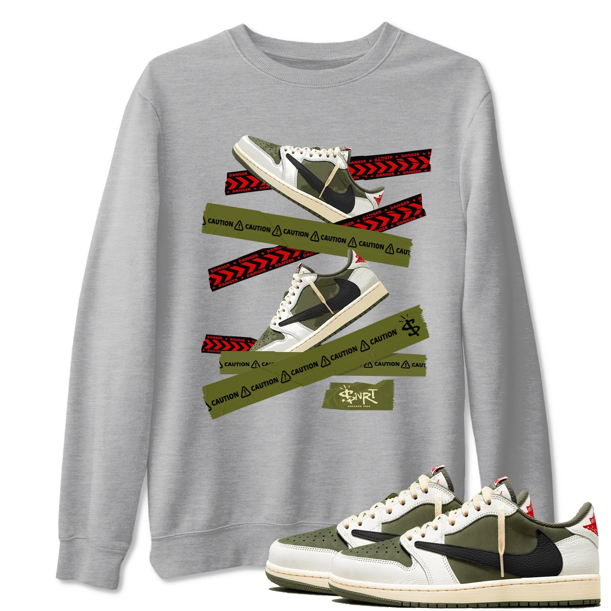 Jordan 1 Olive t shirts to match sneakers Caution Tape sneaker match tees Air Jordan 1 Low x Travis Scott Reverse Olive tee SNRT Sneaker Tees unisex cotton Heather Grey 1 shirts