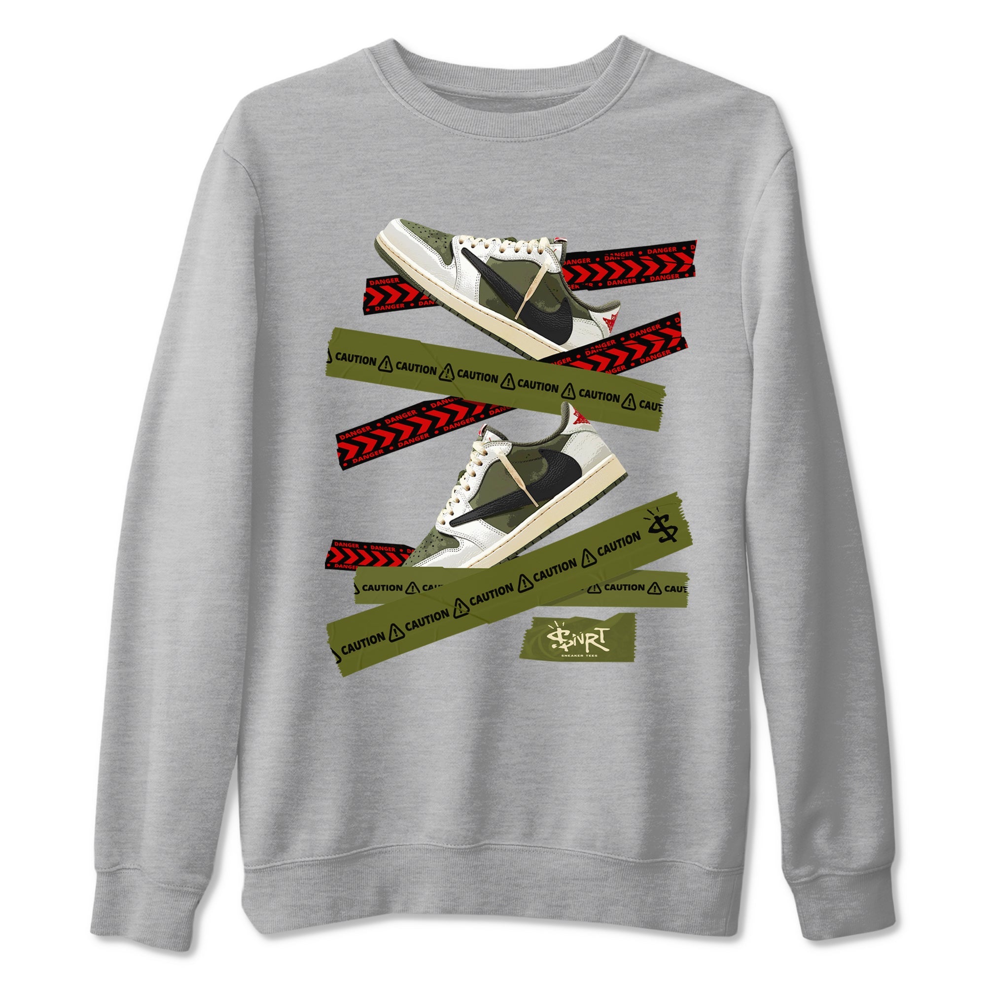 Jordan 1 Olive t shirts to match sneakers Caution Tape sneaker match tees Air Jordan 1 Low x Travis Scott Reverse Olive tee SNRT Sneaker Tees unisex cotton Heather Grey 2 shirts