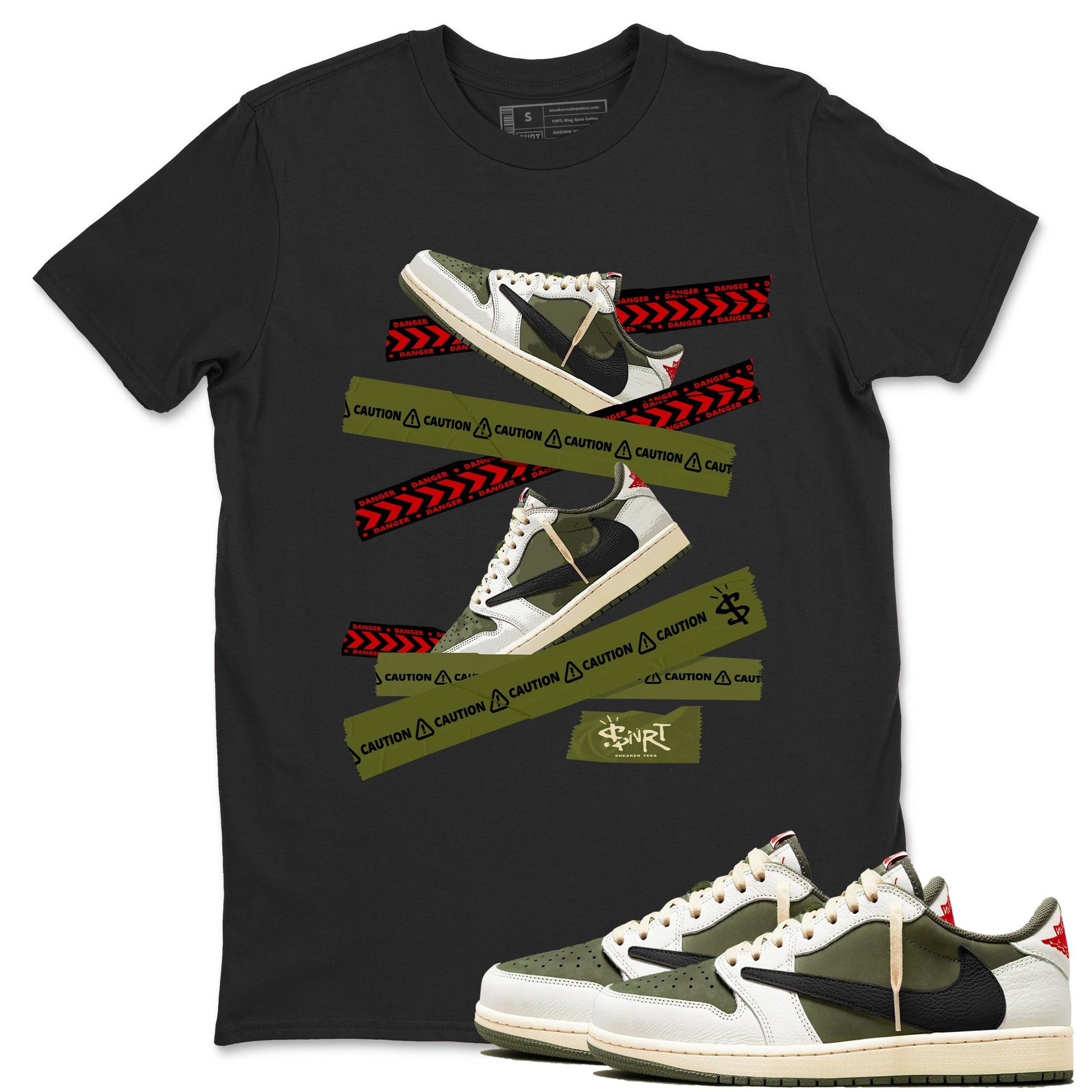 Jordan 1 Olive t shirts to match sneakers Caution Tape sneaker match tees Air Jordan 1 Low x Travis Scott Reverse Olive tee SNRT Sneaker Tees unisex cotton Black 1 shirts