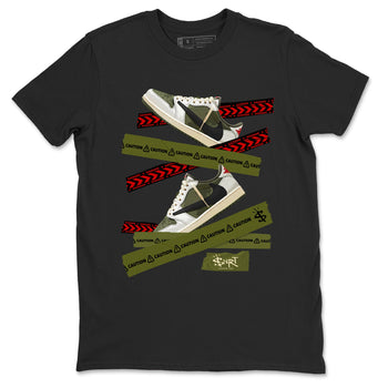 Jordan 1 Olive t shirts to match sneakers Caution Tape sneaker match tees Air Jordan 1 Low x Travis Scott Reverse Olive tee SNRT Sneaker Tees unisex cotton Black 2 shirts