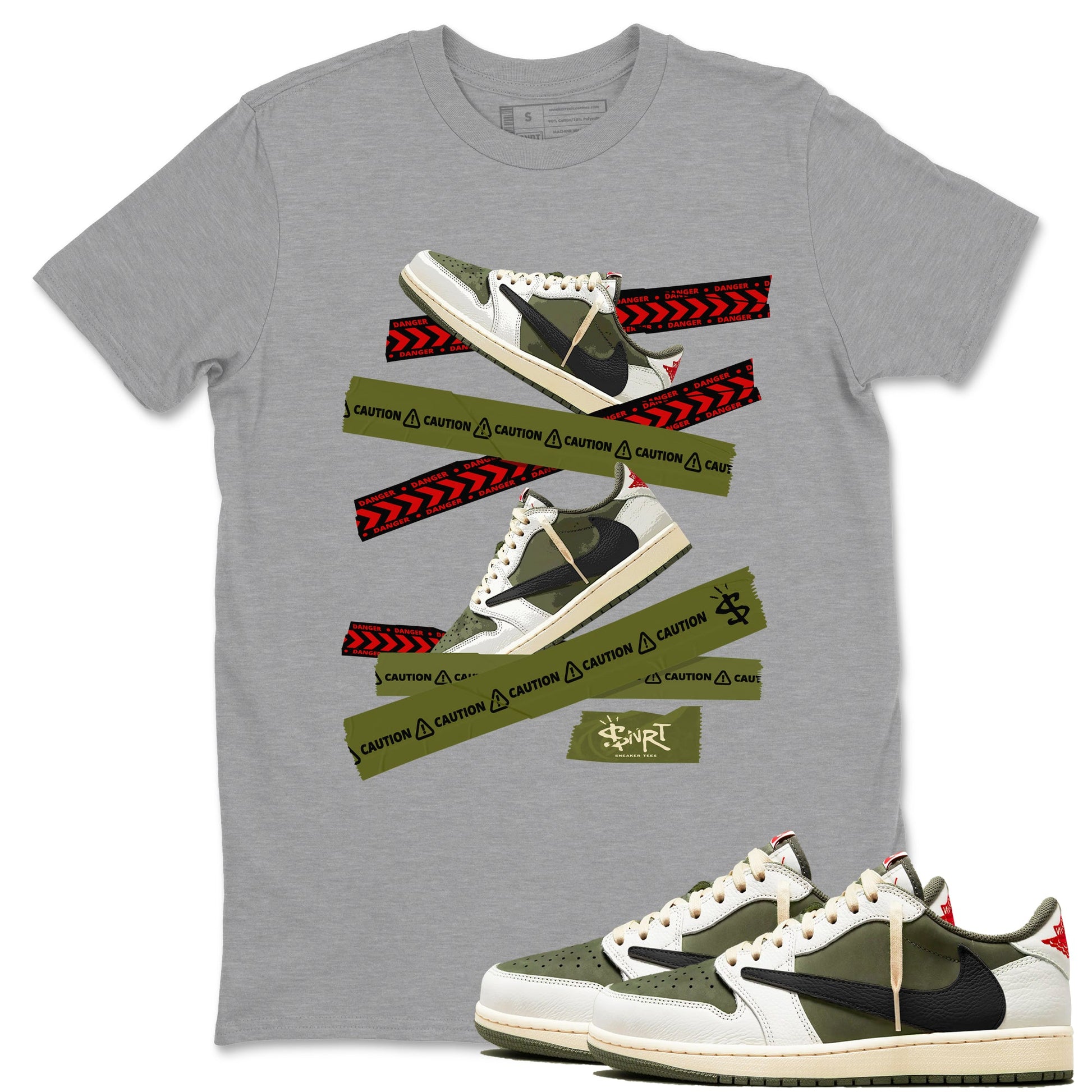 Jordan 1 Olive t shirts to match sneakers Caution Tape sneaker match tees Air Jordan 1 Low x Travis Scott Reverse Olive tee SNRT Sneaker Tees unisex cotton Heather Grey 1 shirts