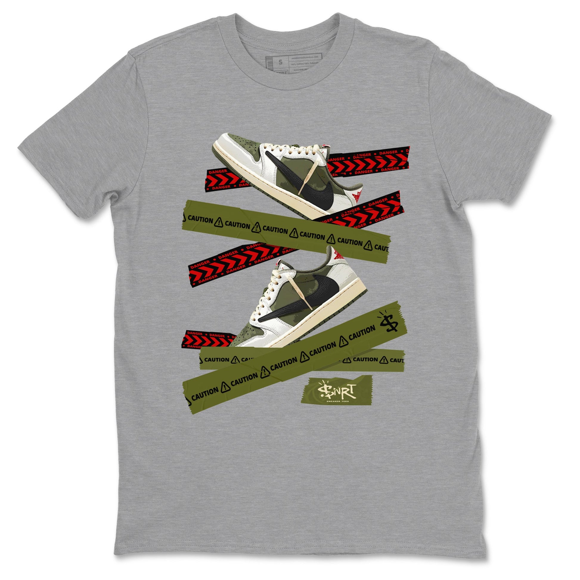 Jordan 1 Olive t shirts to match sneakers Caution Tape sneaker match tees Air Jordan 1 Low x Travis Scott Reverse Olive tee SNRT Sneaker Tees unisex cotton Heather Grey 2 shirts