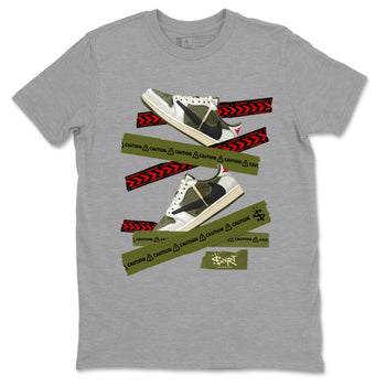 Jordan 1 Olive t shirts to match sneakers Caution Tape sneaker match tees Air Jordan 1 Low x Travis Scott Reverse Olive tee SNRT Sneaker Tees unisex cotton Heather Grey 2 shirts