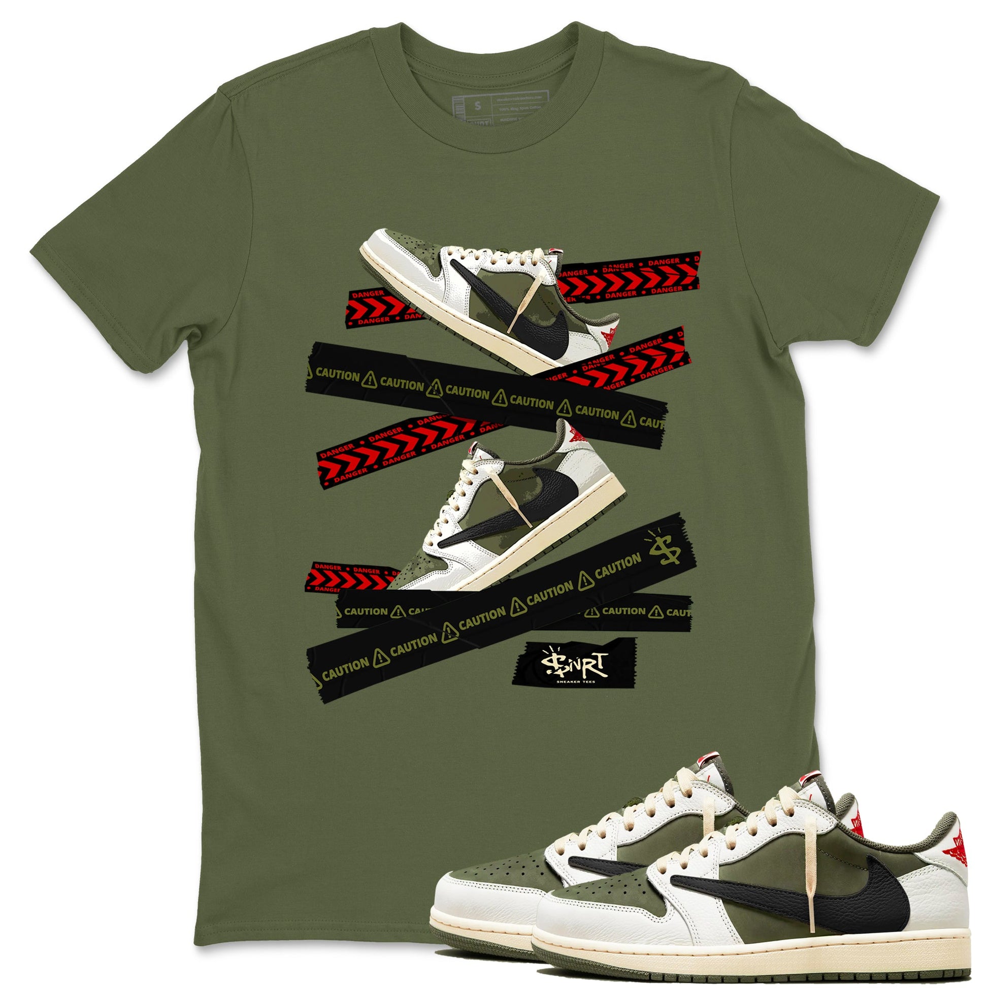 Jordan 1 Olive t shirts to match sneakers Caution Tape sneaker match tees Air Jordan 1 Low x Travis Scott Reverse Olive tee SNRT Sneaker Tees unisex cotton Military Green 1 shirts