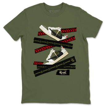 Jordan 1 Olive t shirts to match sneakers Caution Tape sneaker match tees Air Jordan 1 Low x Travis Scott Reverse Olive tee SNRT Sneaker Tees unisex cotton Military Green 2 shirts
