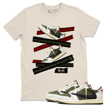 Jordan 1 Olive t shirts to match sneakers Caution Tape sneaker match tees Air Jordan 1 Low x Travis Scott Reverse Olive tee SNRT Sneaker Tees unisex cotton Natural 1 shirts