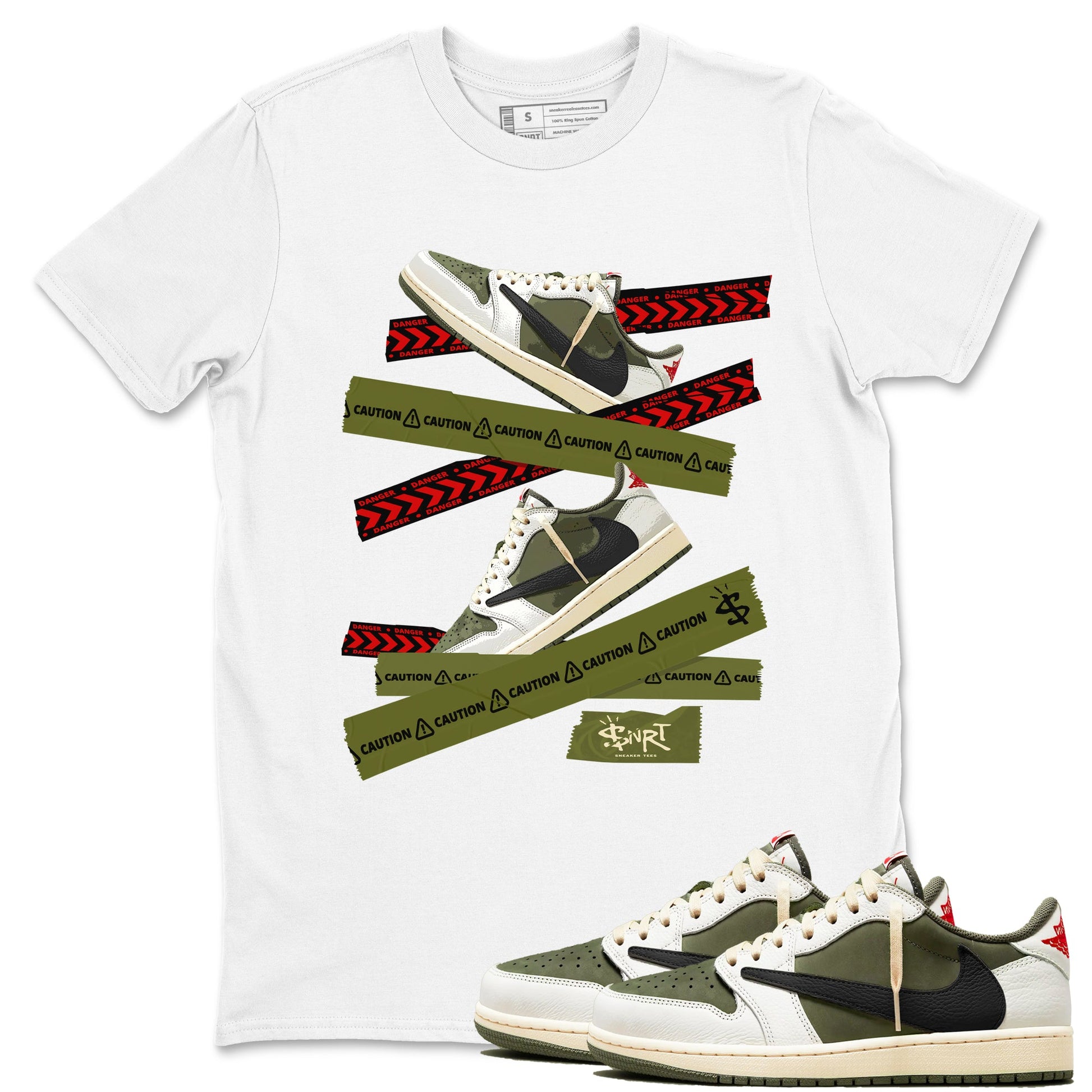 Jordan 1 Olive t shirts to match sneakers Caution Tape sneaker match tees Air Jordan 1 Low x Travis Scott Reverse Olive tee SNRT Sneaker Tees unisex cotton White 1 shirts