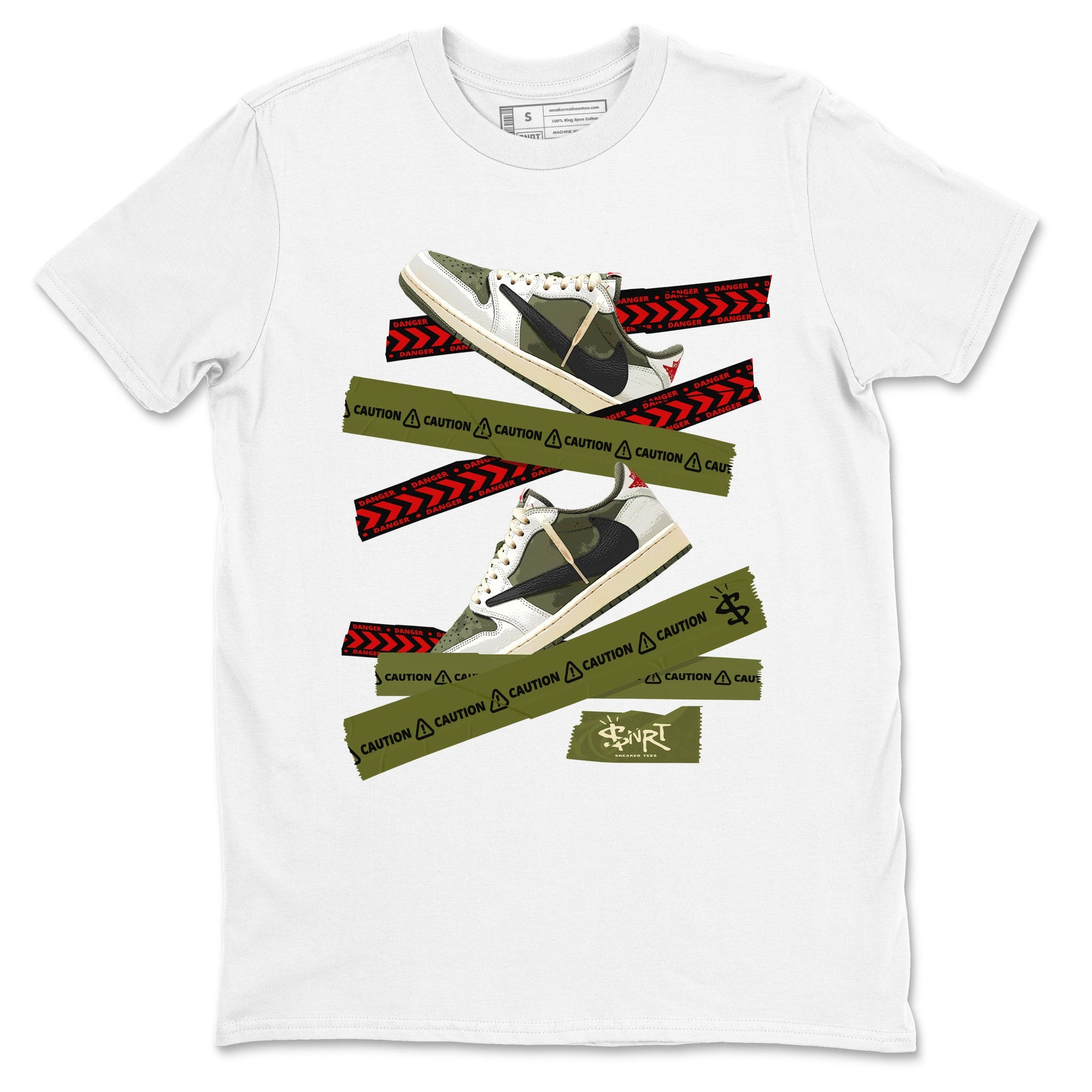 Jordan 1 Olive t shirts to match sneakers Caution Tape sneaker match tees Air Jordan 1 Low x Travis Scott Reverse Olive tee SNRT Sneaker Tees unisex cotton White 2 shirts