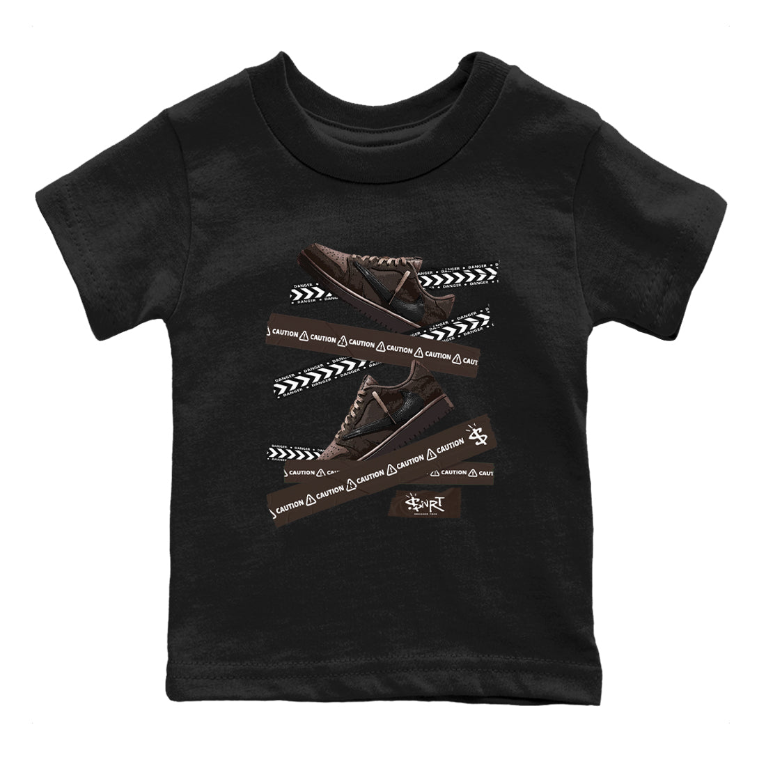 AJ1 Travis Scott Velvet Brown and Dark Mocha shirts to match jordans Caution Tape sneaker match tees 1s Travis Scott Velvet Brown match shoes to clothes SNRT Sneaker Tees Youth Baby Black 2 tee