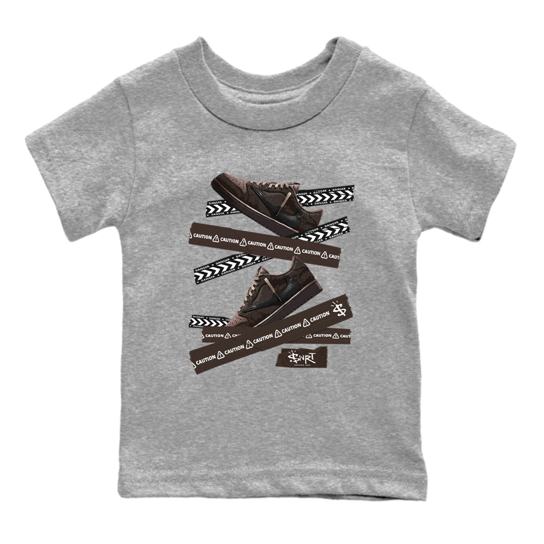 AJ1 Travis Scott Velvet Brown and Dark Mocha shirts to match jordans Caution Tape sneaker match tees 1s Travis Scott Velvet Brown match shoes to clothes SNRT Sneaker Tees Youth Baby Heather Grey 2 tee