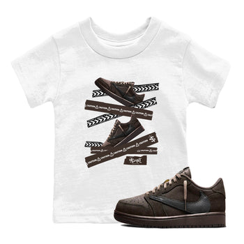 AJ1 Travis Scott Velvet Brown and Dark Mocha shirts to match jordans Caution Tape sneaker match tees 1s Travis Scott Velvet Brown match shoes to clothes SNRT Sneaker Tees Youth Baby White 1 tee