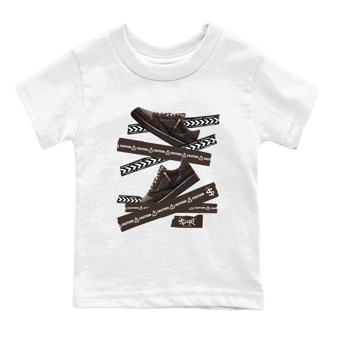 AJ1 Travis Scott Velvet Brown and Dark Mocha shirts to match jordans Caution Tape sneaker match tees 1s Travis Scott Velvet Brown match shoes to clothes SNRT Sneaker Tees Youth Baby White 2 tee