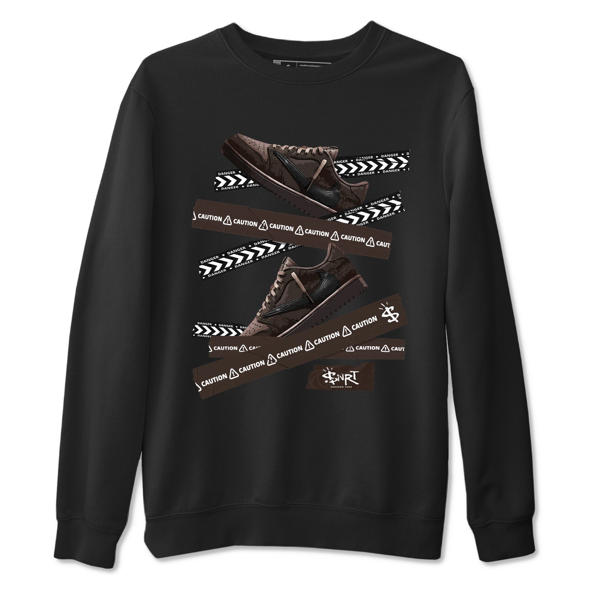 AJ1 Travis Scott Velvet Brown and Dark Mocha shirts to match jordans Caution Tape sneaker match tees 1s Travis Scott Velvet Brown match shoes to clothes SNRT Sneaker Tees unisex cotton Black 2 shirts