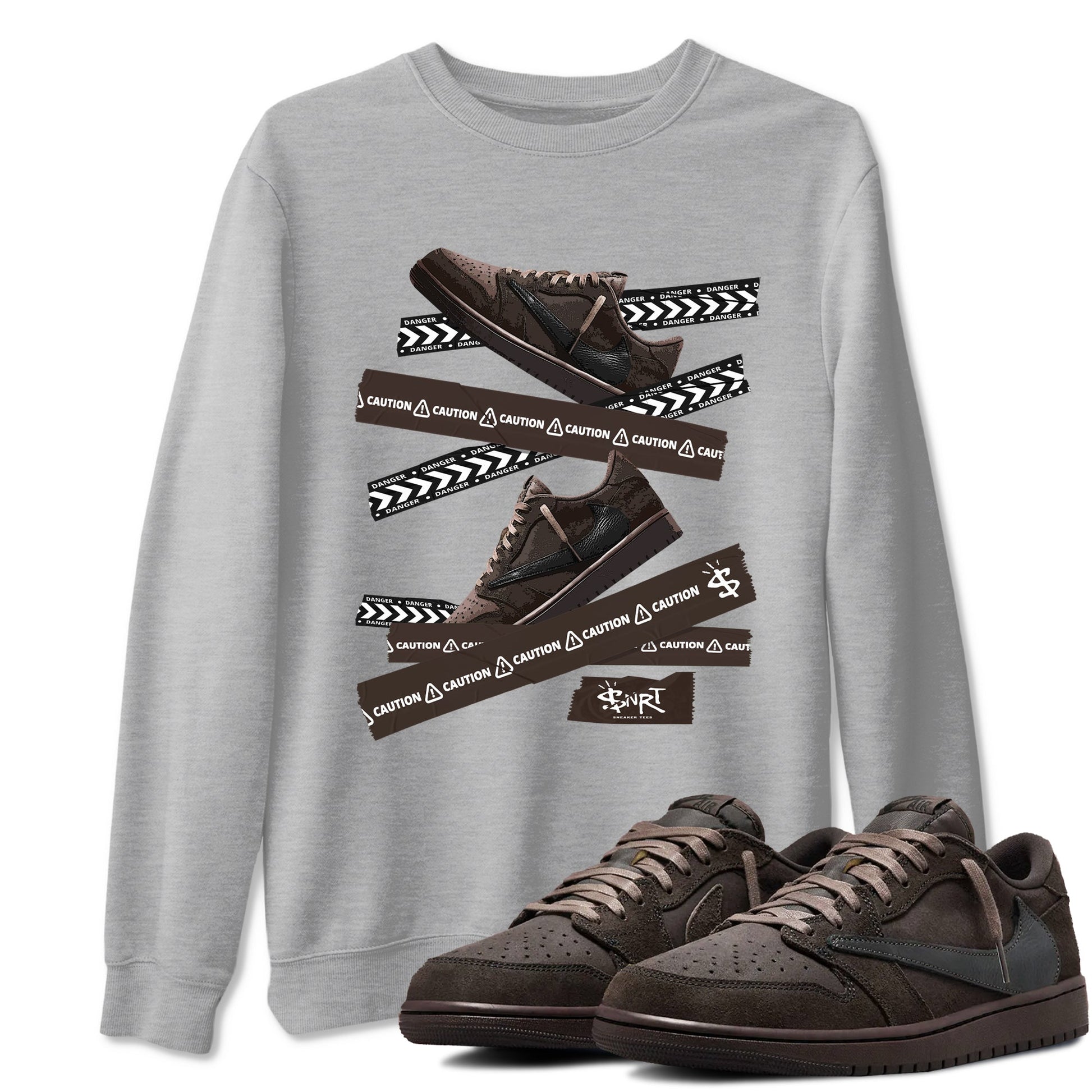 AJ1 Travis Scott Velvet Brown and Dark Mocha shirts to match jordans Caution Tape sneaker match tees 1s Travis Scott Velvet Brown match shoes to clothes SNRT Sneaker Tees unisex cotton Heather Grey 1 shirts