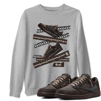 AJ1 Travis Scott Velvet Brown and Dark Mocha shirts to match jordans Caution Tape sneaker match tees 1s Travis Scott Velvet Brown match shoes to clothes SNRT Sneaker Tees unisex cotton Heather Grey 1 shirts