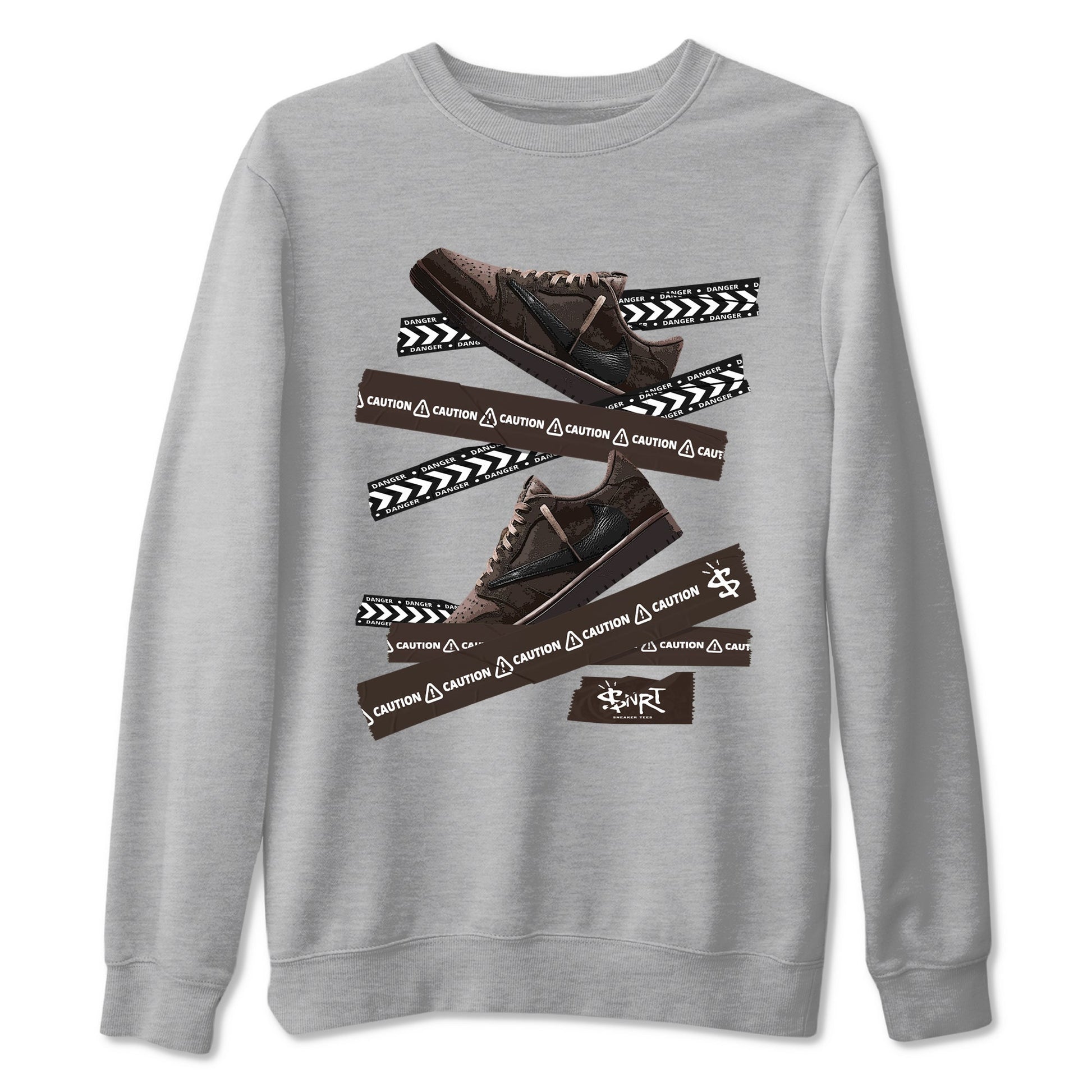 AJ1 Travis Scott Velvet Brown and Dark Mocha shirts to match jordans Caution Tape sneaker match tees 1s Travis Scott Velvet Brown match shoes to clothes SNRT Sneaker Tees unisex cotton Heather Grey 2 shirts