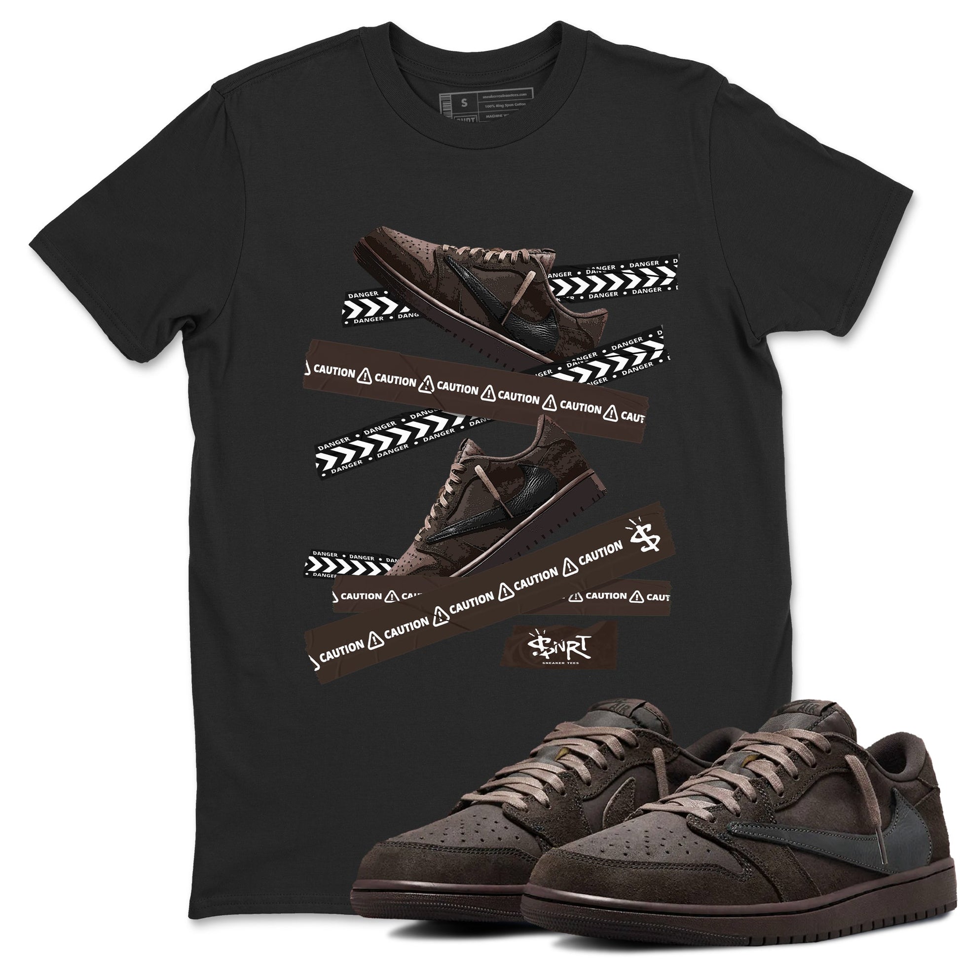 AJ1 Travis Scott Velvet Brown and Dark Mocha shirts to match jordans Caution Tape sneaker match tees 1s Travis Scott Velvet Brown match shoes to clothes SNRT Sneaker Tees unisex cotton Black 1 shirts