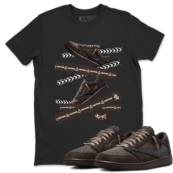 AJ1 Travis Scott Velvet Brown and Dark Mocha shirts to match jordans Caution Tape sneaker match tees 1s Travis Scott Velvet Brown match shoes to clothes SNRT Sneaker Tees unisex cotton Black 1 shirts