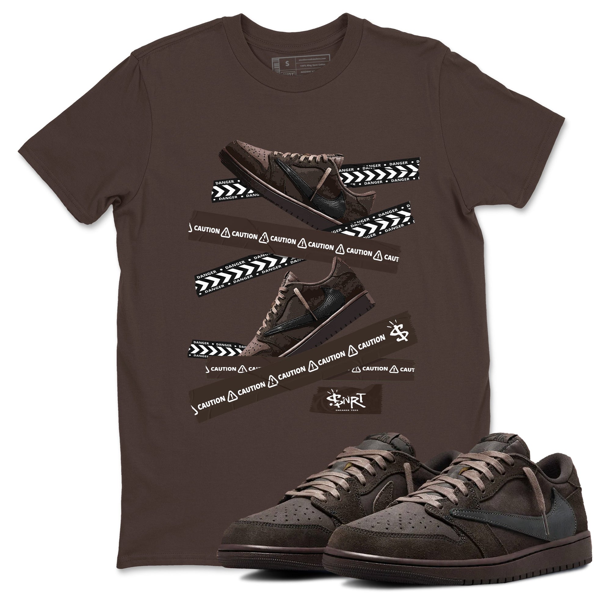 AJ1 Travis Scott Velvet Brown and Dark Mocha shirts to match jordans Caution Tape sneaker match tees 1s Travis Scott Velvet Brown match shoes to clothes SNRT Sneaker Tees unisex cotton Dark Chocolate 1 shirts