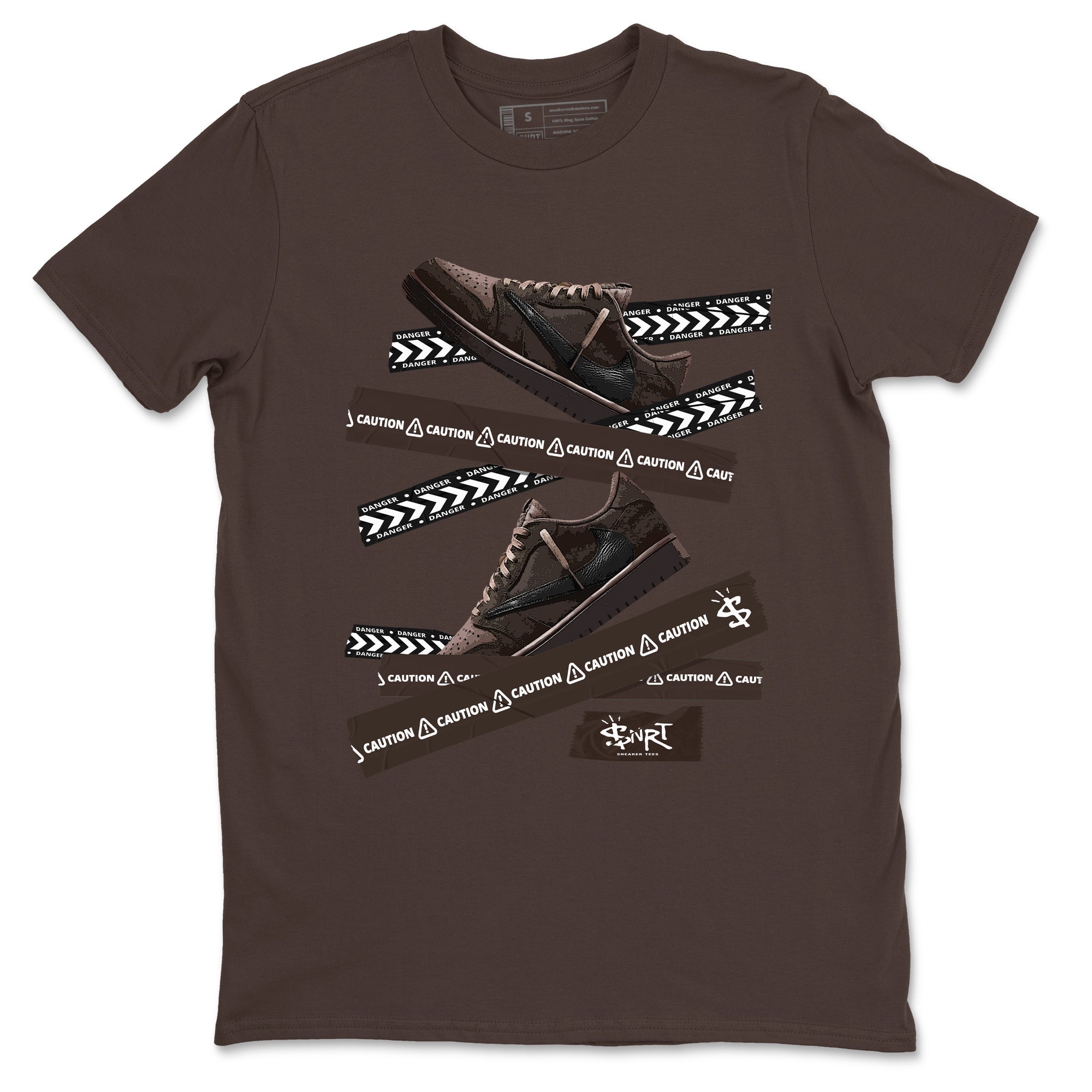 AJ1 Travis Scott Velvet Brown and Dark Mocha shirts to match jordans Caution Tape sneaker match tees 1s Travis Scott Velvet Brown match shoes to clothes SNRT Sneaker Tees unisex cotton Dark Chocolate 2 shirts