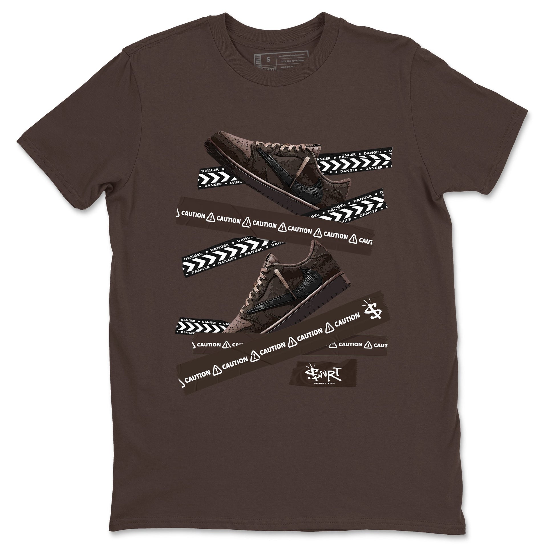 AJ1 Travis Scott Velvet Brown and Dark Mocha shirts to match jordans Caution Tape sneaker match tees 1s Travis Scott Velvet Brown match shoes to clothes SNRT Sneaker Tees unisex cotton Dark Chocolate 2 shirts
