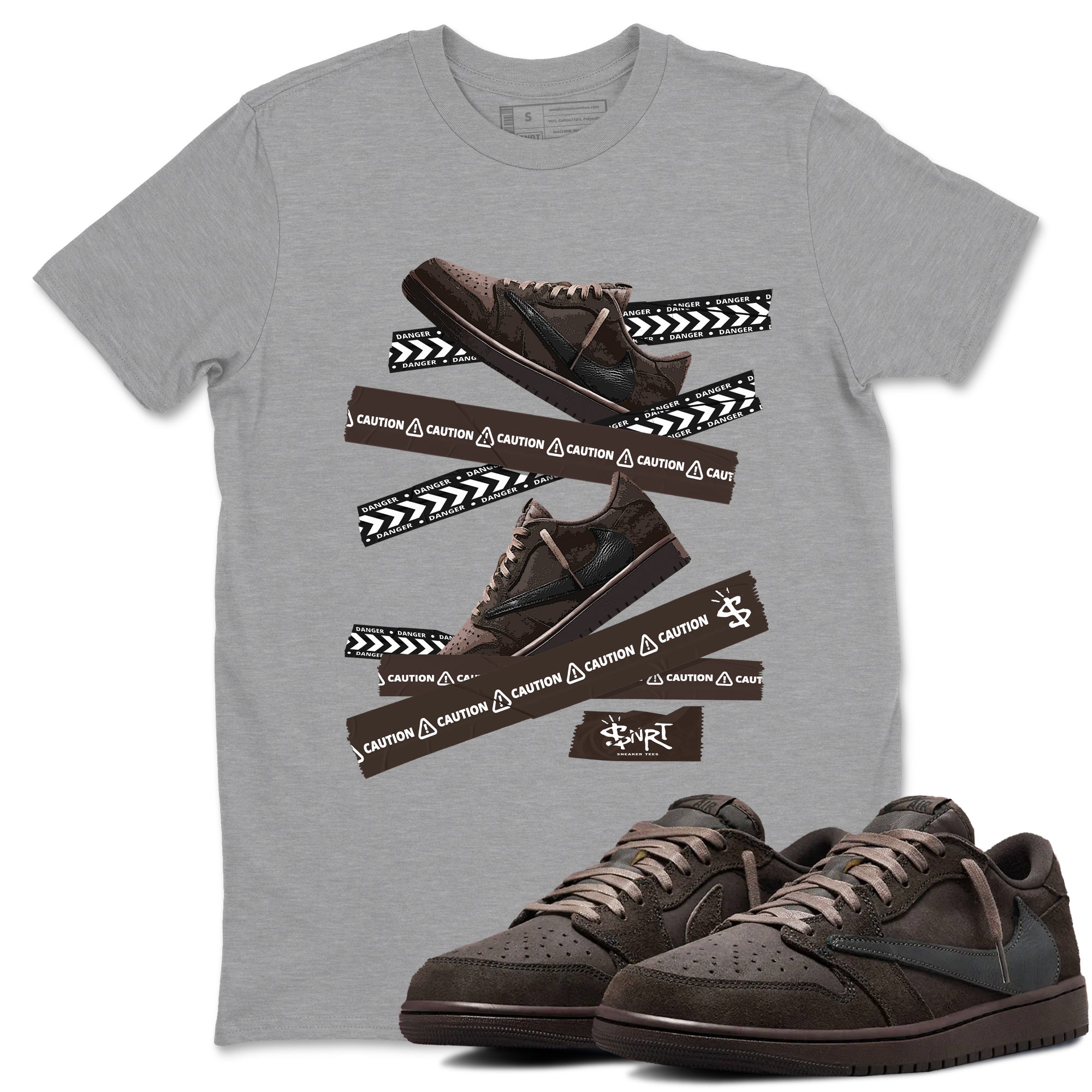 AJ1 Travis Scott Velvet Brown and Dark Mocha shirts to match jordans Caution Tape sneaker match tees 1s Travis Scott Velvet Brown match shoes to clothes SNRT Sneaker Tees unisex cotton Heather Grey 1 shirts