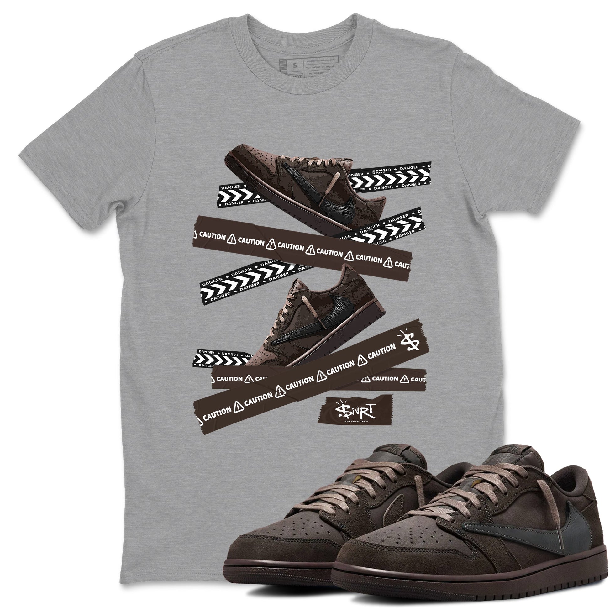 AJ1 Travis Scott Velvet Brown and Dark Mocha shirts to match jordans Caution Tape sneaker match tees 1s Travis Scott Velvet Brown match shoes to clothes SNRT Sneaker Tees unisex cotton Heather Grey 1 shirts