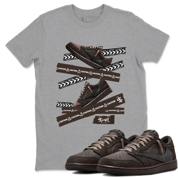 AJ1 Travis Scott Velvet Brown and Dark Mocha shirts to match jordans Caution Tape sneaker match tees 1s Travis Scott Velvet Brown match shoes to clothes SNRT Sneaker Tees unisex cotton Heather Grey 1 shirts