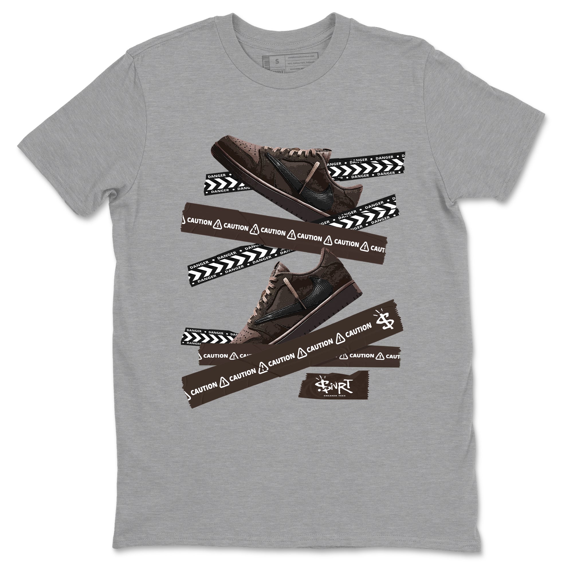 AJ1 Travis Scott Velvet Brown and Dark Mocha shirts to match jordans Caution Tape sneaker match tees 1s Travis Scott Velvet Brown match shoes to clothes SNRT Sneaker Tees unisex cotton Heather Grey 2 shirts