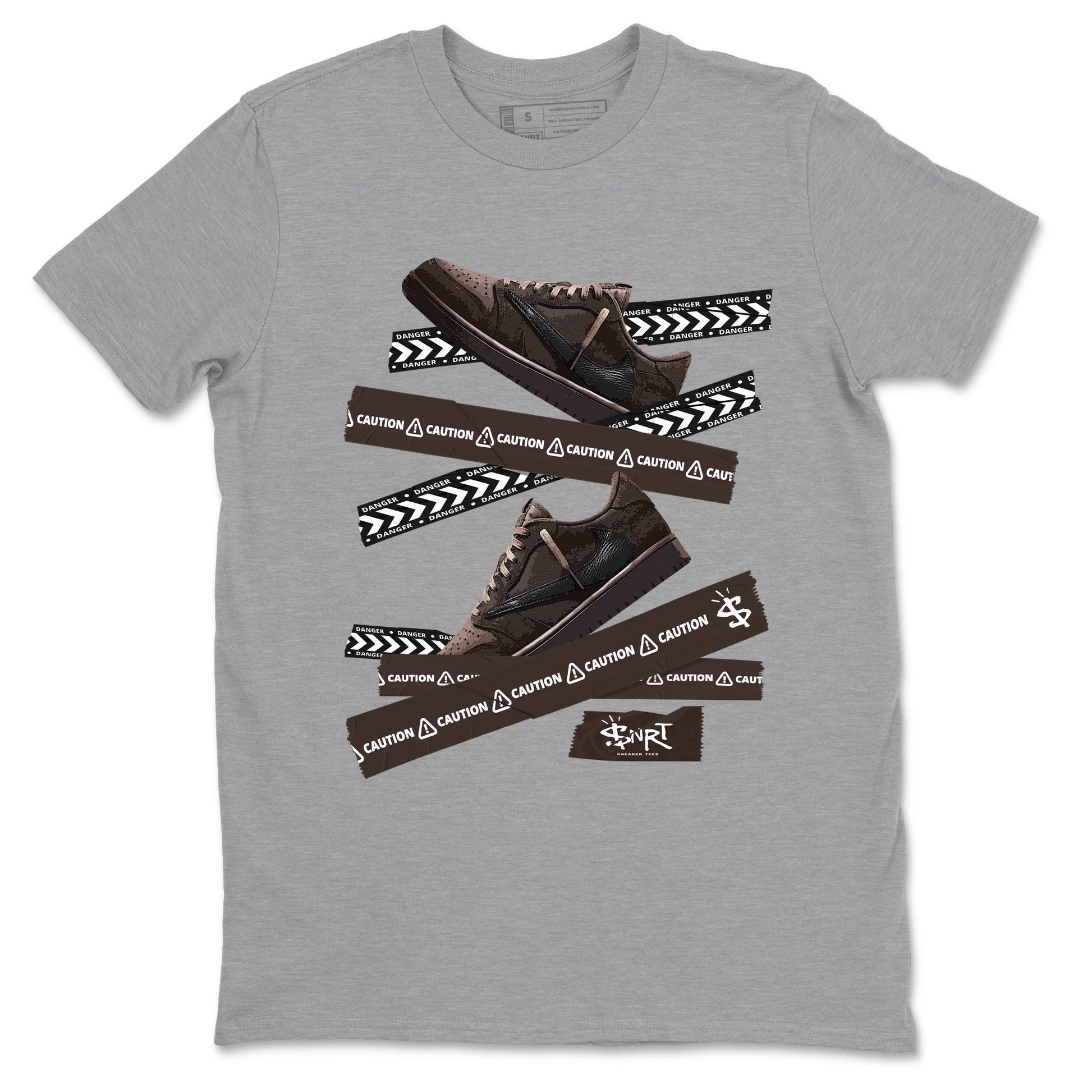 AJ1 Travis Scott Velvet Brown and Dark Mocha shirts to match jordans Caution Tape sneaker match tees 1s Travis Scott Velvet Brown match shoes to clothes SNRT Sneaker Tees unisex cotton Heather Grey 2 shirts