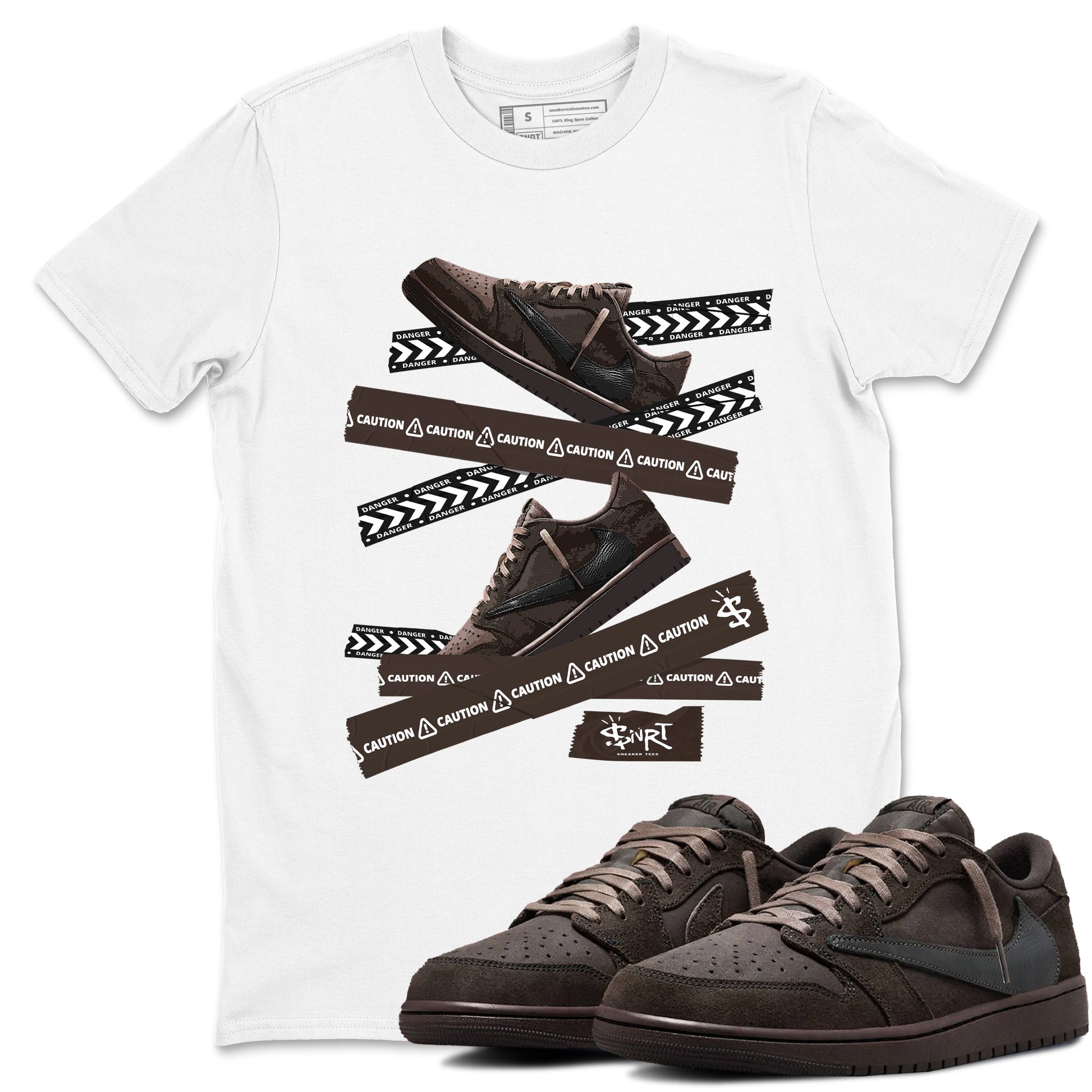 AJ1 Travis Scott Velvet Brown and Dark Mocha shirts to match jordans Caution Tape sneaker match tees 1s Travis Scott Velvet Brown match shoes to clothes SNRT Sneaker Tees unisex cotton White 1 shirts