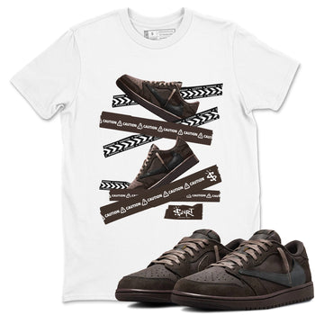 AJ1 Travis Scott Velvet Brown and Dark Mocha shirts to match jordans Caution Tape sneaker match tees 1s Travis Scott Velvet Brown match shoes to clothes SNRT Sneaker Tees unisex cotton White 1 shirts