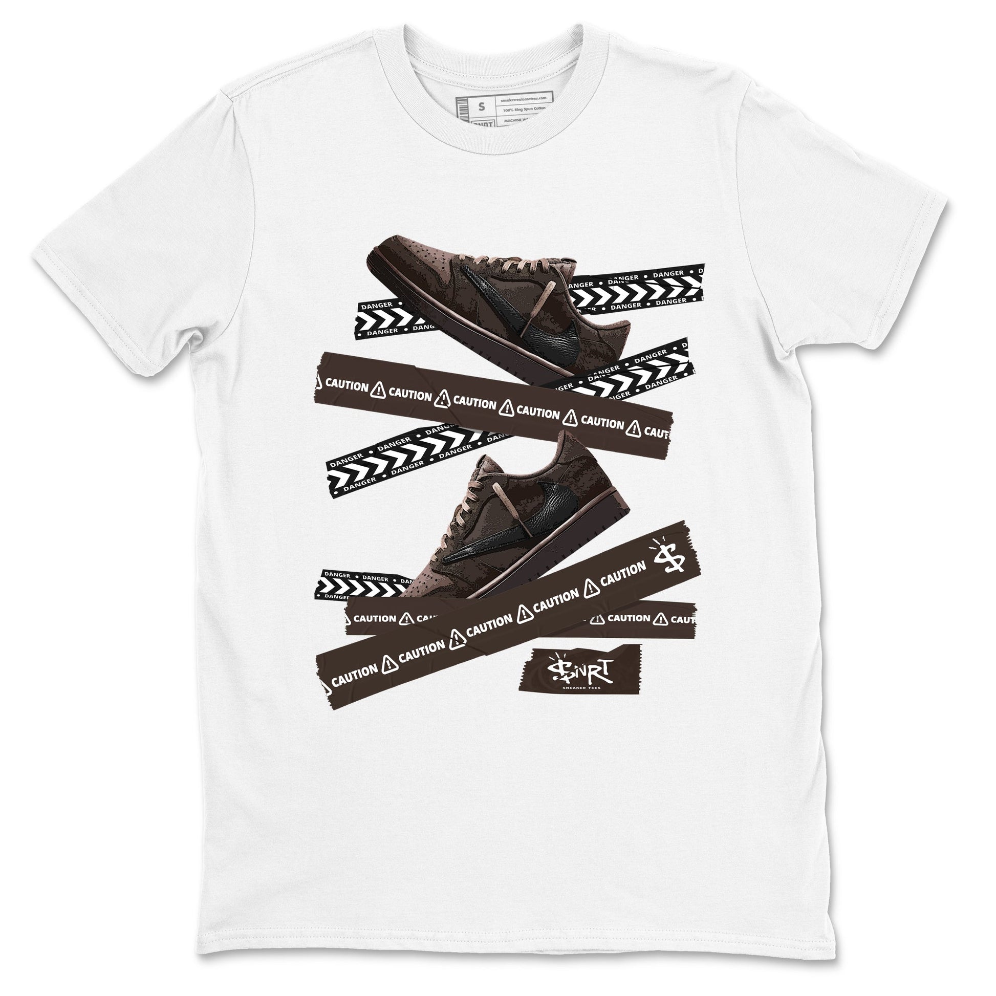 AJ1 Travis Scott Velvet Brown and Dark Mocha shirts to match jordans Caution Tape sneaker match tees 1s Travis Scott Velvet Brown match shoes to clothes SNRT Sneaker Tees unisex cotton White 2 shirts