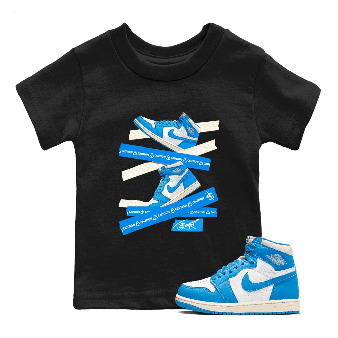 1s High OG UNC Reimagined shirts to match jordans Caution Tape graphic tees Air Jordan 1 UNC Reimagined match shoes to clothes SNRT Sneaker Tees Youth Baby Black 1 tee