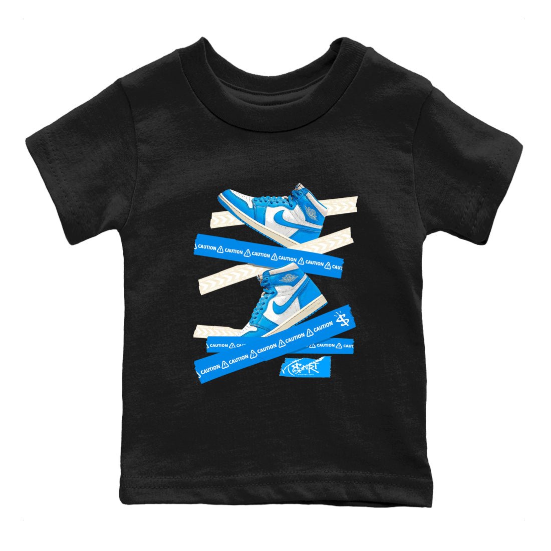 1s High OG UNC Reimagined shirts to match jordans Caution Tape graphic tees Air Jordan 1 UNC Reimagined match shoes to clothes SNRT Sneaker Tees Youth Baby Black 2 tee
