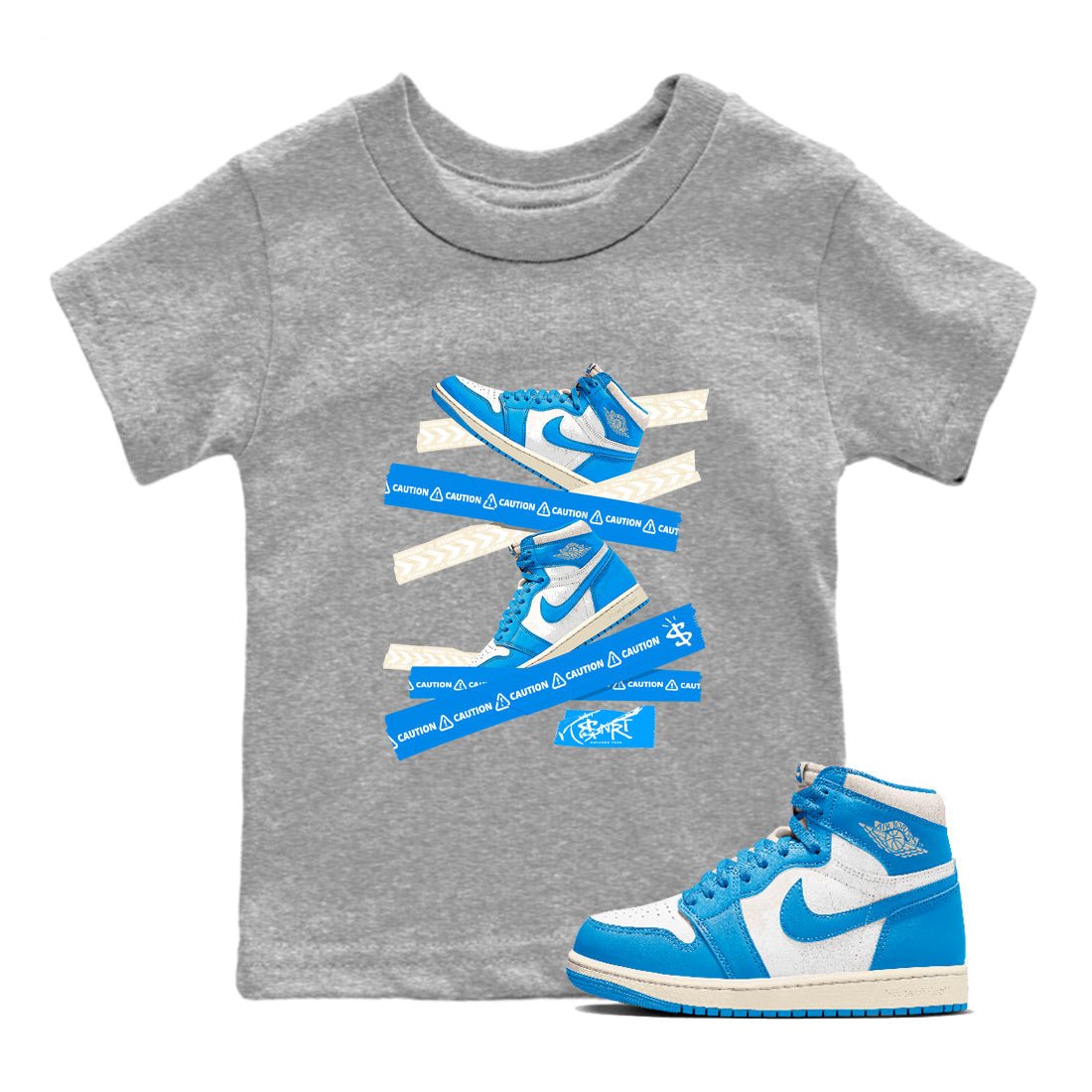 1s High OG UNC Reimagined shirts to match jordans Caution Tape graphic tees Air Jordan 1 UNC Reimagined match shoes to clothes SNRT Sneaker Tees Youth Baby Heather Grey 1 tee