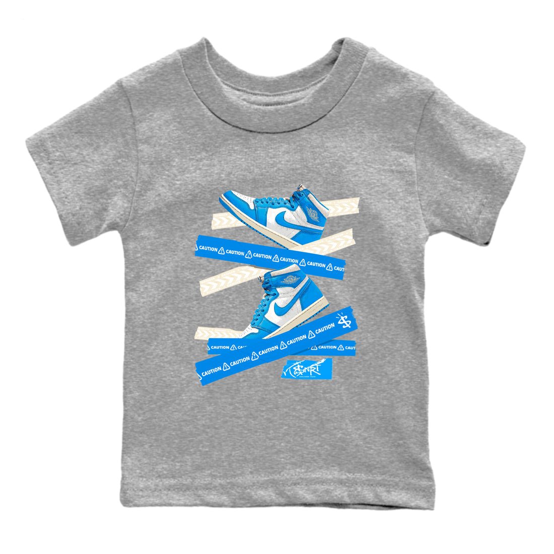 1s High OG UNC Reimagined shirts to match jordans Caution Tape graphic tees Air Jordan 1 UNC Reimagined match shoes to clothes SNRT Sneaker Tees Youth Baby Heather Grey 2 tee