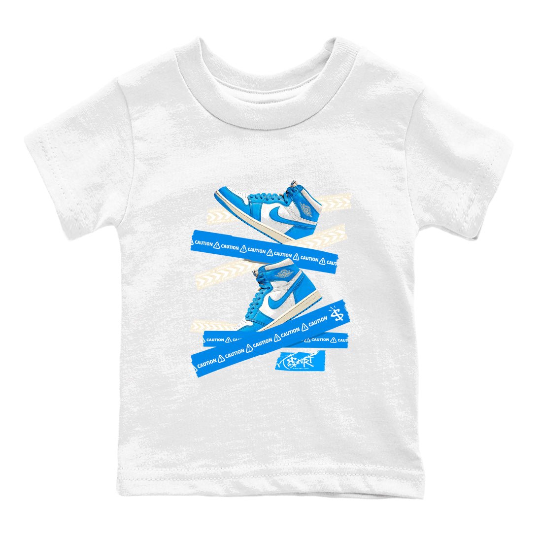 1s High OG UNC Reimagined shirts to match jordans Caution Tape graphic tees Air Jordan 1 UNC Reimagined match shoes to clothes SNRT Sneaker Tees Youth Baby White 2 tee