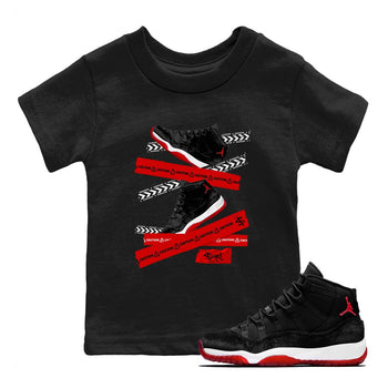 11s Bred Velvet shirts to match jordans Caution Tape sneaker match tees Air Jordan 11 Bred Velvet SNRT Sneaker Release Tees Youth Baby Black 1 crew neck shirts
