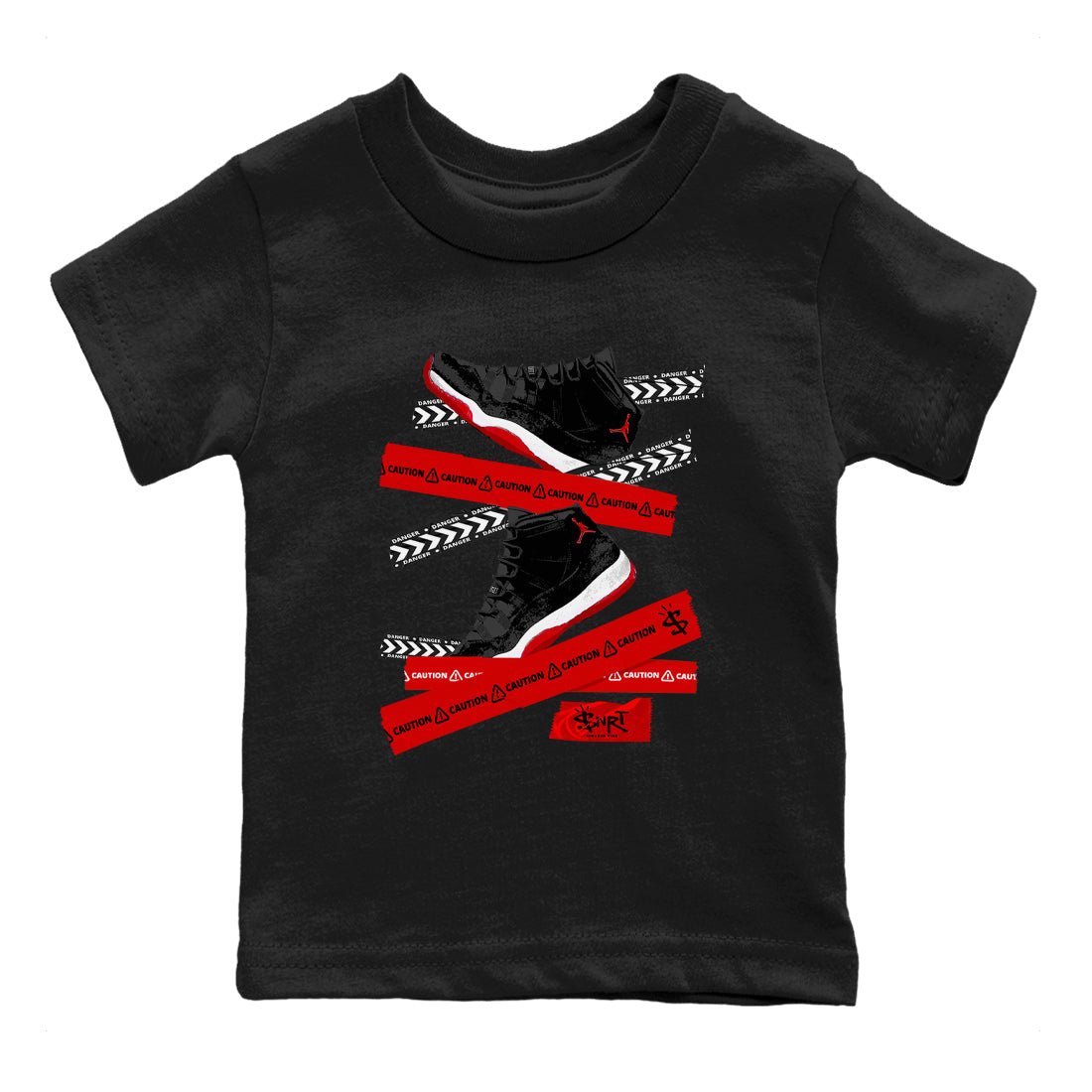 11s Bred Velvet shirts to match jordans Caution Tape sneaker match tees Air Jordan 11 Bred Velvet SNRT Sneaker Release Tees Youth Baby Black 2 crew neck shirts